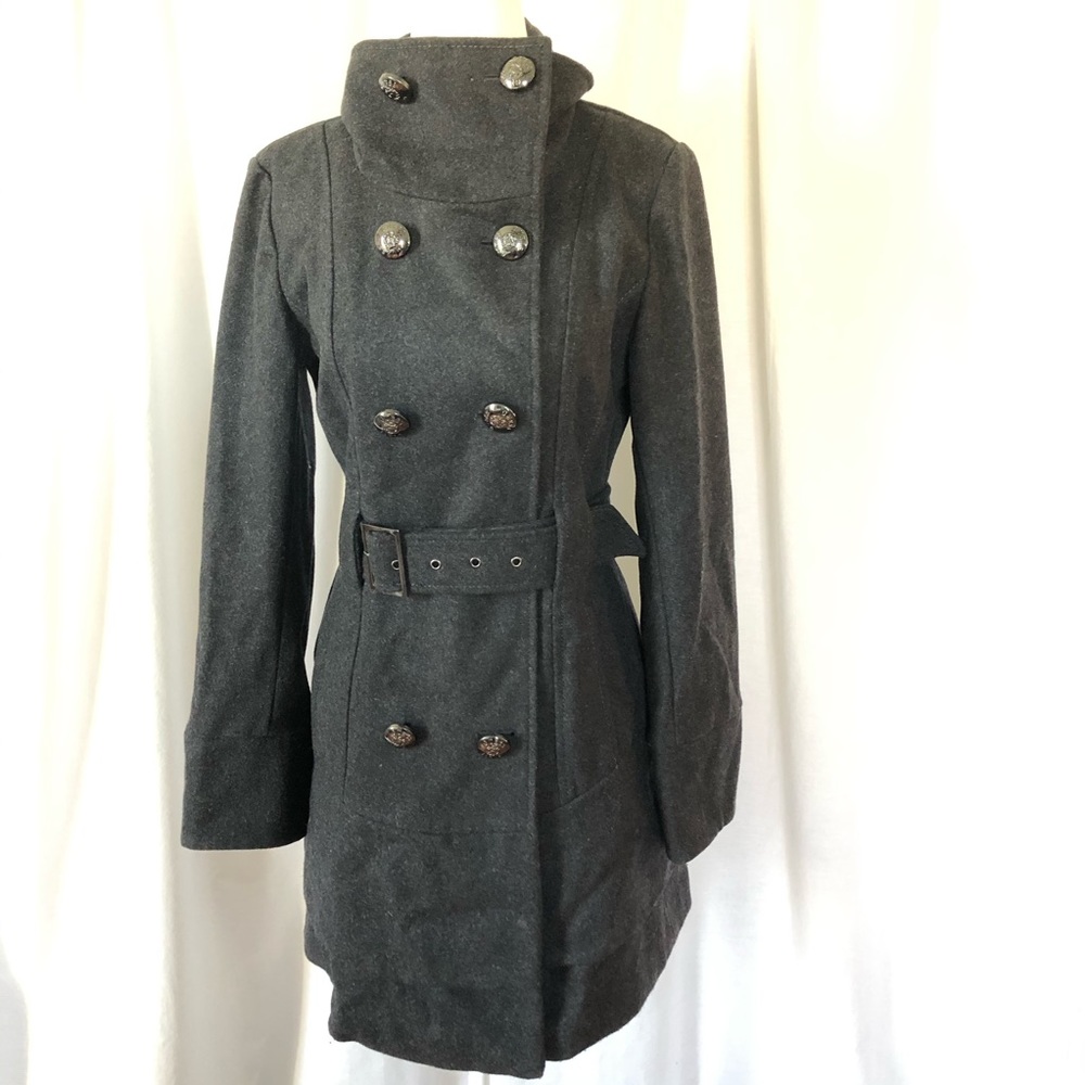 Guess Wool Military Style Belted Ruffle Back Grey